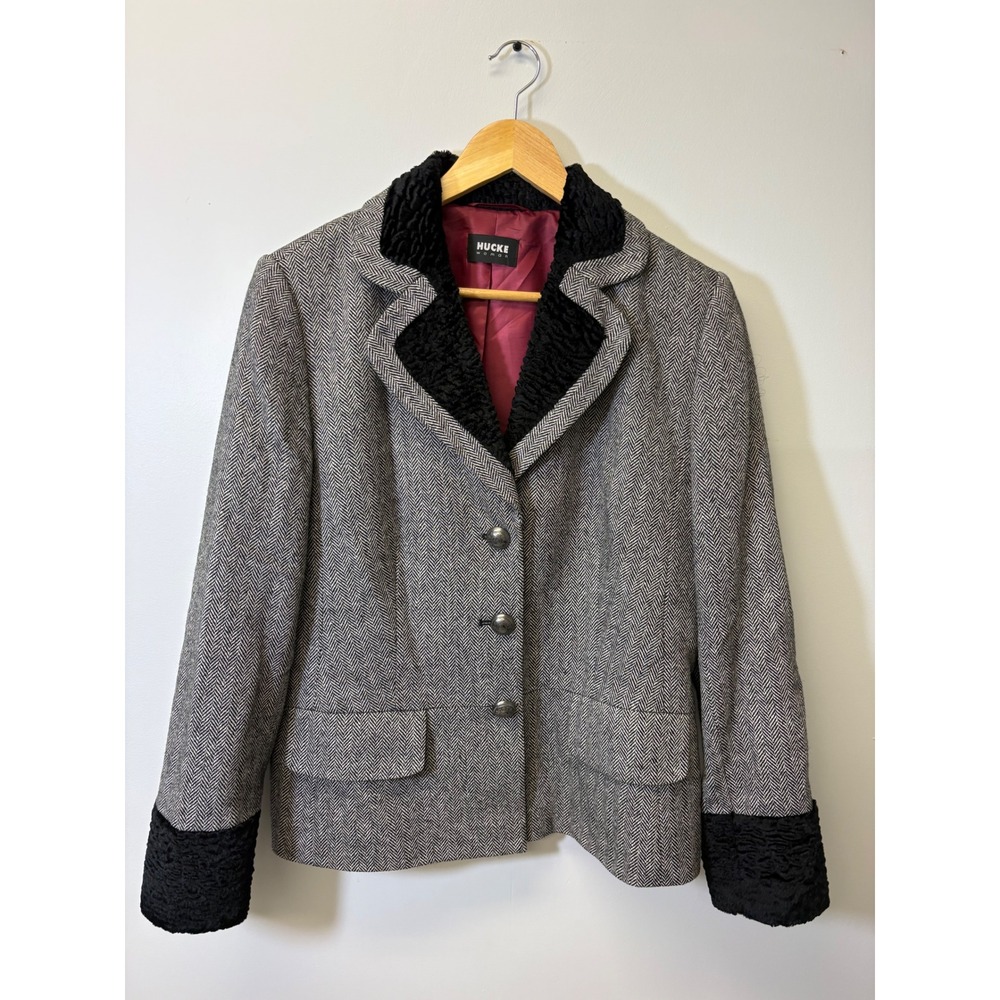 Hucke Elegant Herringbone Blazer Grey Black Faux Fur Trim Jacket European Style